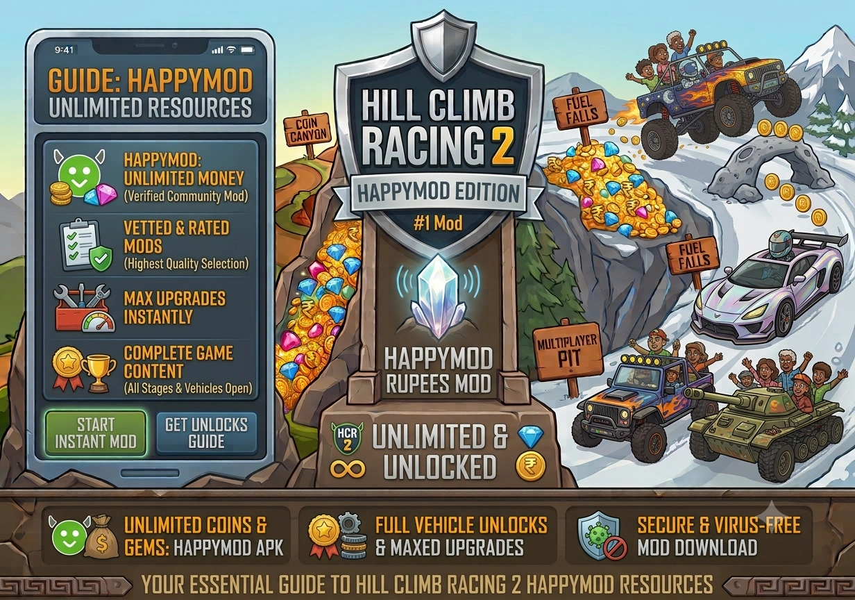 Hill climb racing unlimited money happymod is a popular search among players who use the HappyMod platform. HappyMod is a third-party app store that hosts verified mod APKs. Players use it to download hill climb racing unlimited money happymod versions that are community-tested and rated. The advantage of using HappyMod for your hill climb racing mod is that mods are verified by the community, reducing the risk of malware. Search "hill climb racing" in HappyMod and download the highest-rated hill climb racing unlimited money version available.