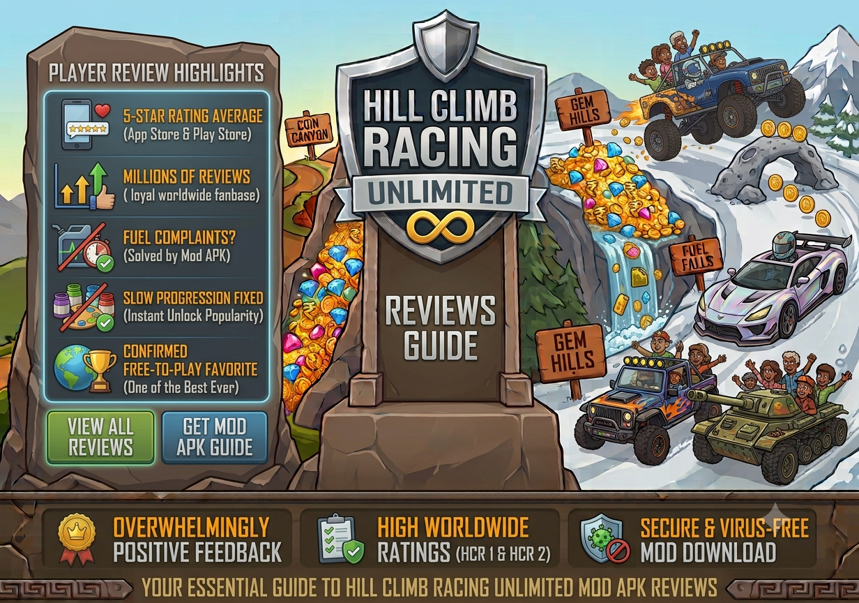 Hill climb racing reviews are overwhelmingly positive across both Google Play Store and Apple App Store. With over 500 million downloads, the hill climb racing reviews reflect a loyal and growing fanbase. Players praise the simple controls, addictive gameplay, and regular updates. The main complaint in hill climb racing reviews is the fuel limitation and the slow progression in the free version, which is why the hill climb racing mod apk unlimited money diamond and fuel is so popular. Overall, hill climb racing reviews confirm it as one of the best free-to-play mobile racing games ever made, with hill climb racing 1 and hill climb racing 2 both earning high ratings worldwide.