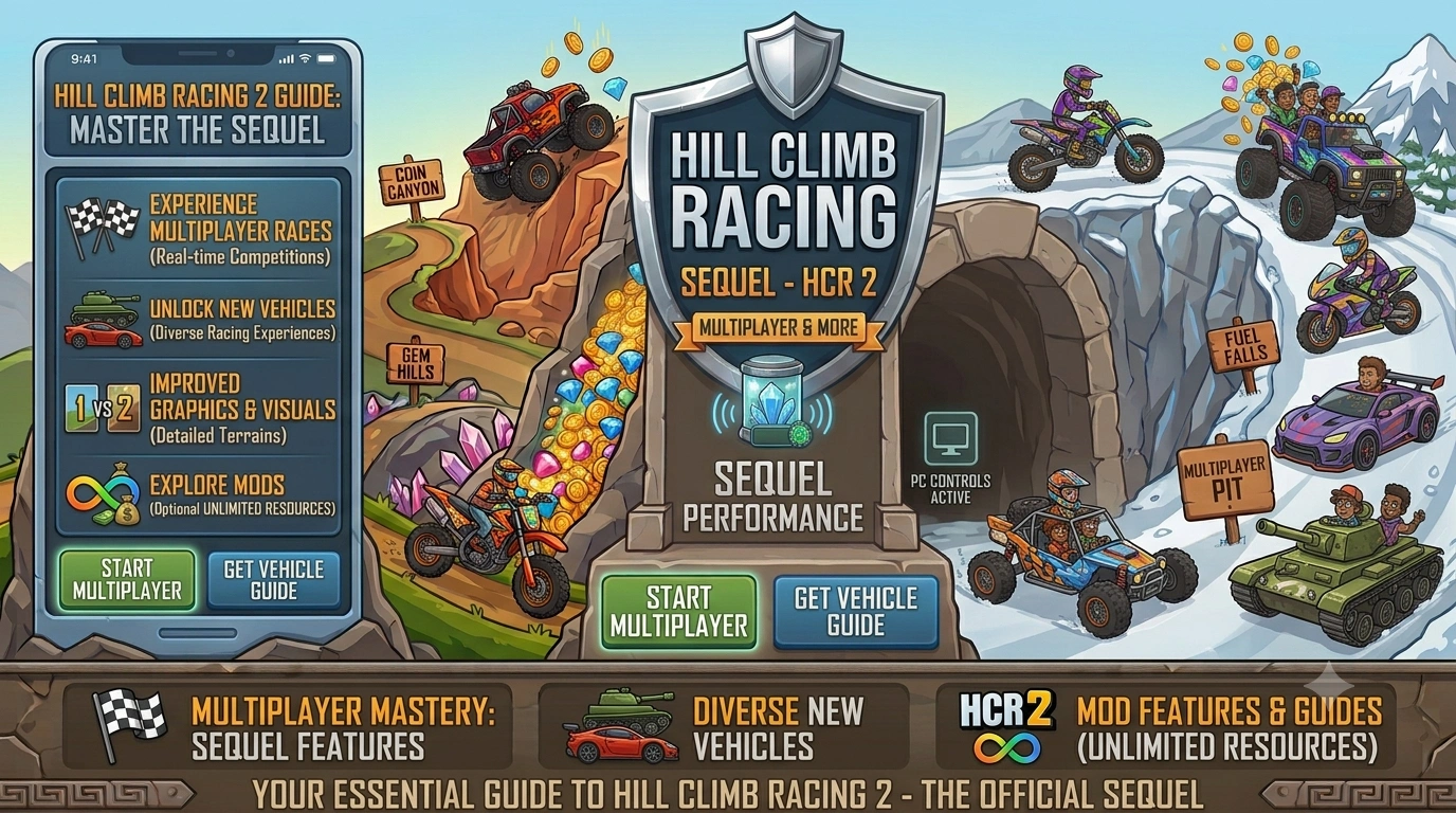 Hill climb racing 2 is the official sequel to the original game, also developed by Fingersoft. The hill climb racing 2 features multiplayer races, new vehicles, and improved graphics compared to the first game. Players who love the original often search for hill climb racing 2 mod and hill climb racing 2 mod apk for unlimited resources. The hill climb racing 2 unlimited money feature is also available through modded versions. The sequel builds on what made hill climb racing 1 great while adding exciting new features and competitive gameplay.