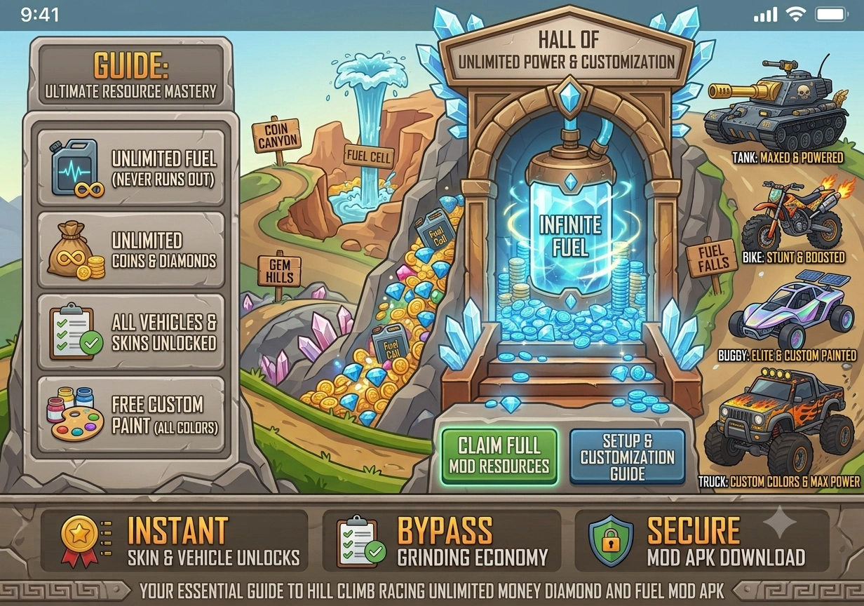 racing unlimited money and diamond because both currencies are important in the game. Coins are used for upgrades while diamonds are the premium currency. The hill climb racing mod apk